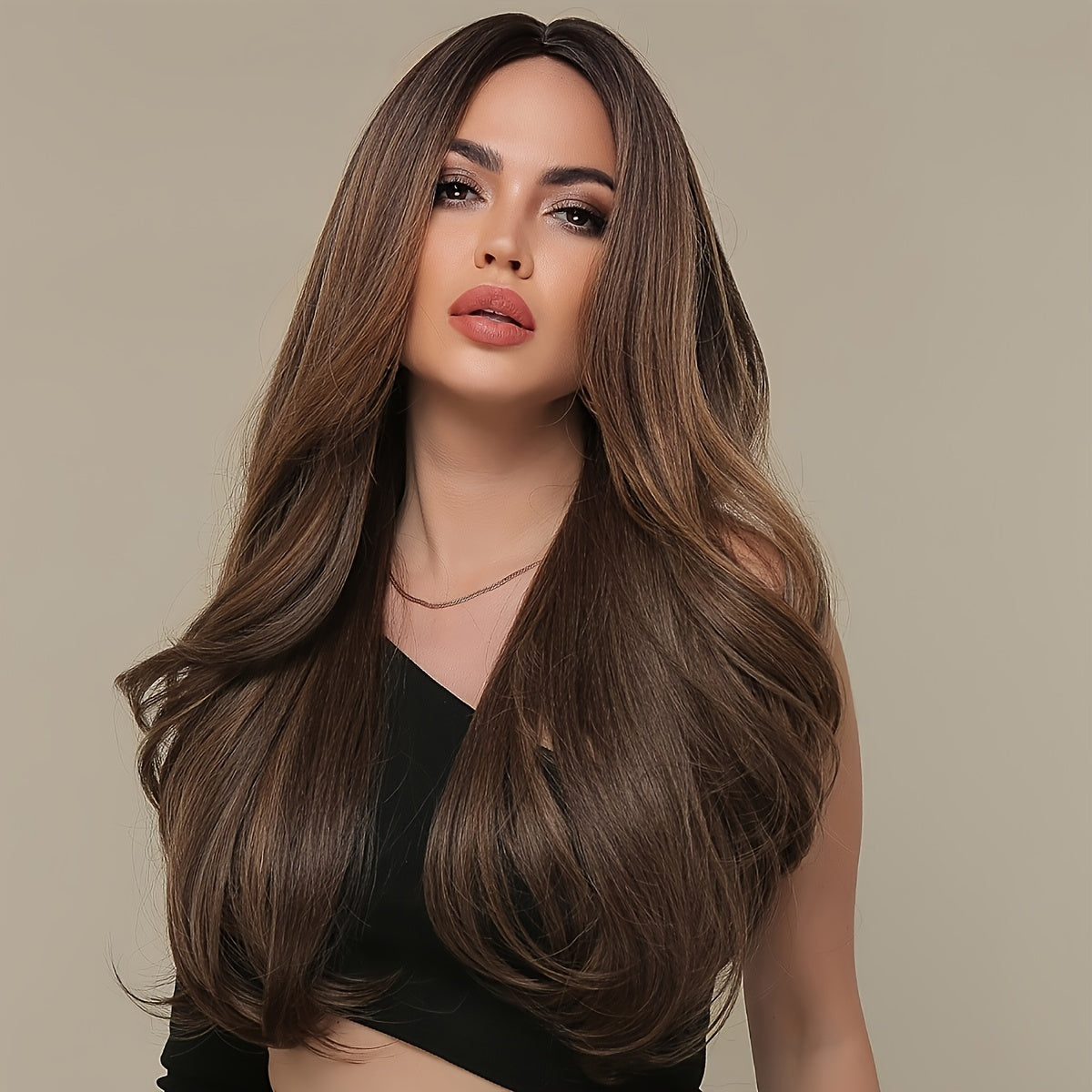 fachgo | Long Wavy Brown Wig - Natural Style Synthetic Wig with Bangs and Curly Hair for Women