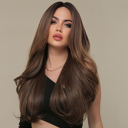 fachgo | Long Wavy Brown Wig - Natural Style Synthetic Wig with Bangs and Curly Hair for Women