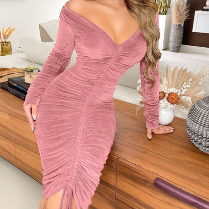 fachgo | Women's Dresses V Neck Off The Shoulder Velvet Ruched Mid-length Dresses