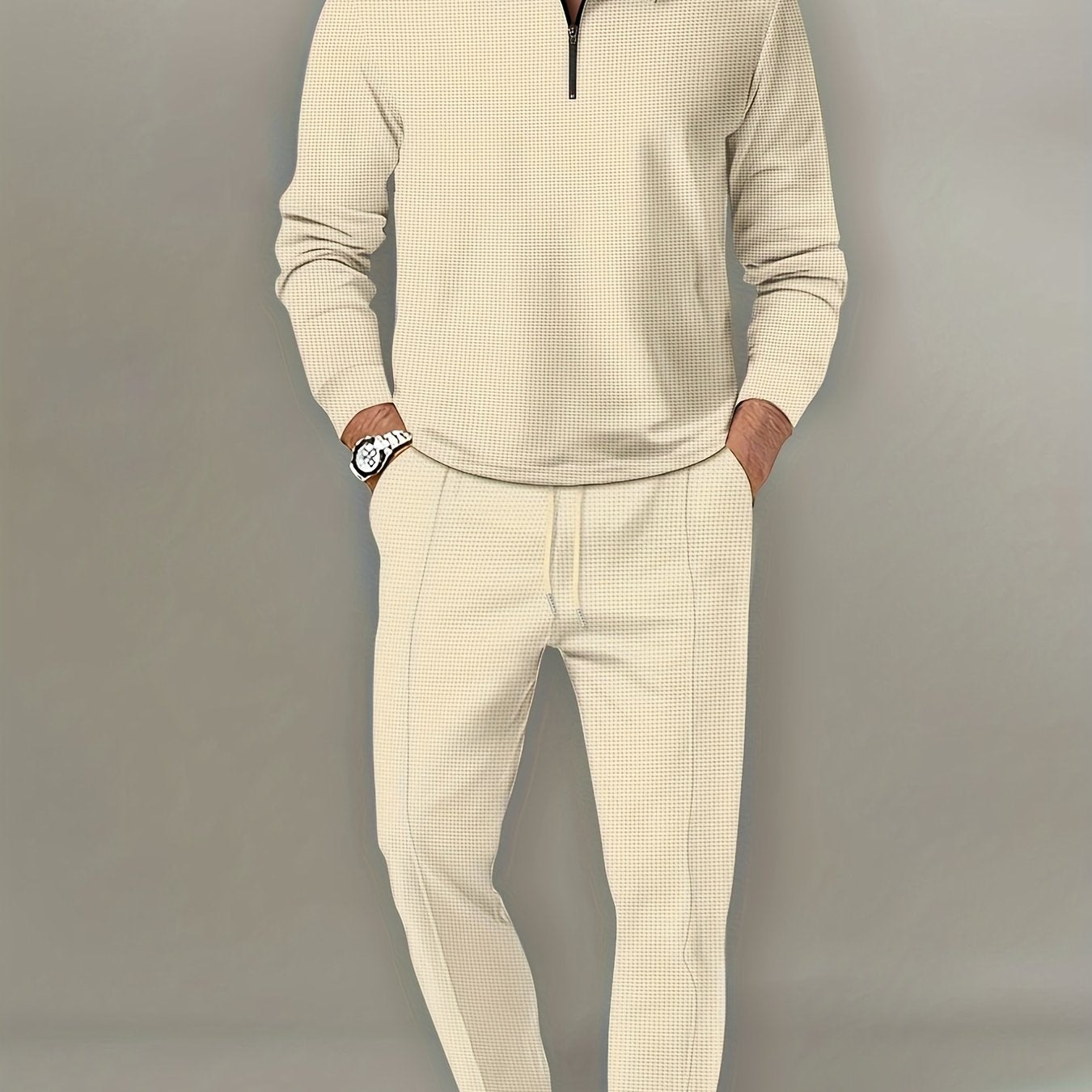 fachgo | 2Pcs Men's Waffle Pattern Outfits, Casual V Neck Long Sleeve Pullover Sweatshirt And Drawstring Sweatpants Joggers Set For Spring Fall