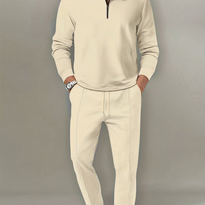 fachgo | 2Pcs Men's Waffle Pattern Outfits, Casual V Neck Long Sleeve Pullover Sweatshirt And Drawstring Sweatpants Joggers Set For Spring Fall