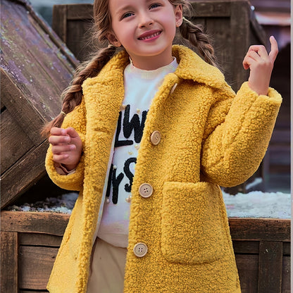 fachgo | [Lamb Fur Jacket] Girls' Lamb Fur Jacket | JOMAKE Korean-Style Lapel Collar, Two-Tone, Warm Windbreaker with Pockets, Lining, Button Closure, Long Sleeves for Winter