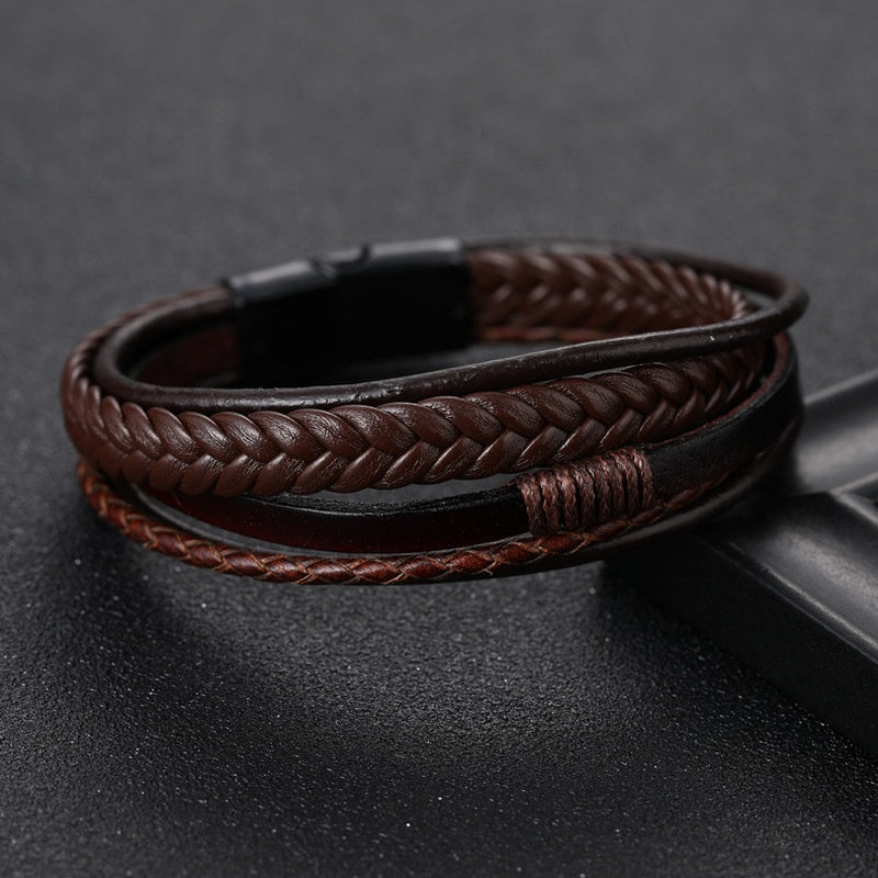 fachgo | 1pc Men's Hand-Woven Multi-Layer Leather Bracelet with Buckle Closure - Stylish Faux Leather Cuff, Durable & Versatile Accessory for Casual or Formal Wear