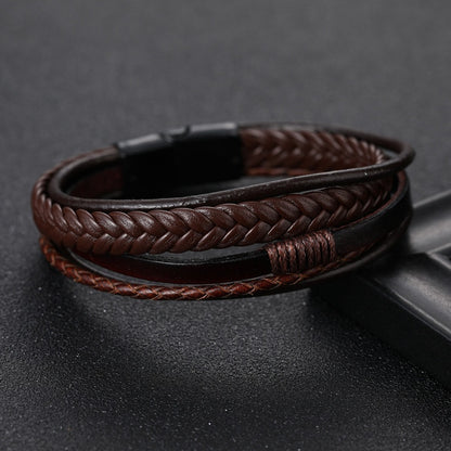fachgo | 1pc Men's Hand-Woven Multi-Layer Leather Bracelet with Buckle Closure - Stylish Faux Leather Cuff, Durable & Versatile Accessory for Casual or Formal Wear