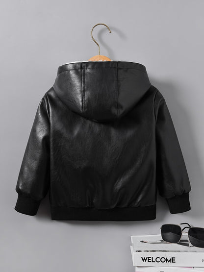 fachgo | Boys' Faux Leather Jacket with Fleece Lining - Thickened Winter Coat, Full-Zip Front Closure, Machine Washable, Casual Style for Fall/Winter, Regular Fit