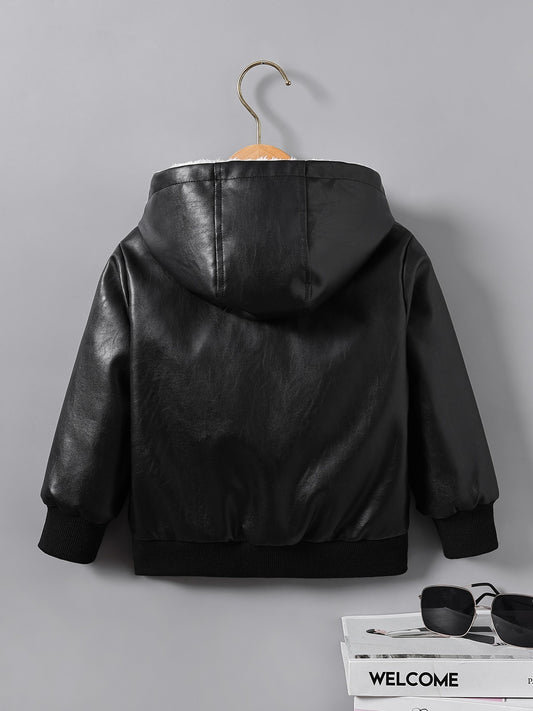fachgo | Boys' Faux Leather Jacket with Fleece Lining - Thickened Winter Coat, Full-Zip Front Closure, Machine Washable, Casual Style for Fall/Winter, Regular Fit
