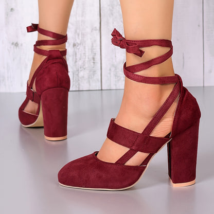 fachgo | [Elegant Sandals] Elegant High Heel Sandals | Women's - Solid Color Fabric Upper, Round Toe, Lace-Up Ankle Strap, Block Heel, Rubber Sole, Man-Made Insole & Inner Material