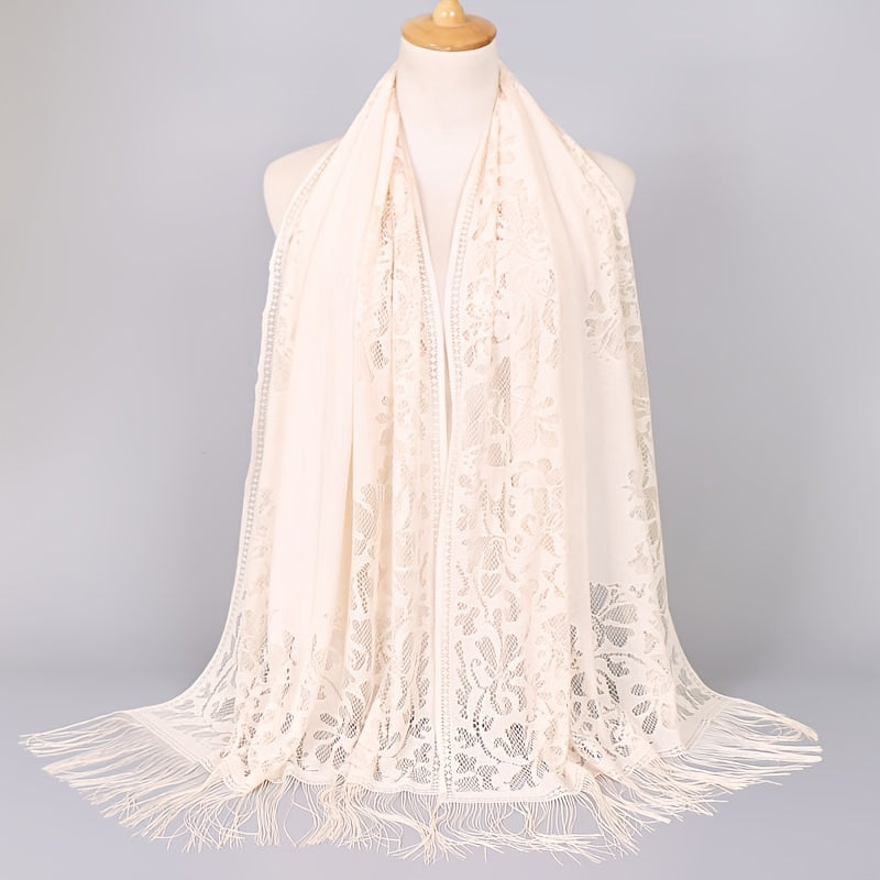 fachgo | [Floral Lace Scarf With Tassels] Ladies Women's Floral Lace Scarf Shawl With Tassels, Soft Mesh Fringe Wraps Bridal Shawl For Wedding Evening Party Dresses