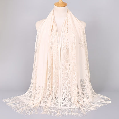 fachgo | [Floral Lace Scarf With Tassels] Ladies Women's Floral Lace Scarf Shawl With Tassels, Soft Mesh Fringe Wraps Bridal Shawl For Wedding Evening Party Dresses