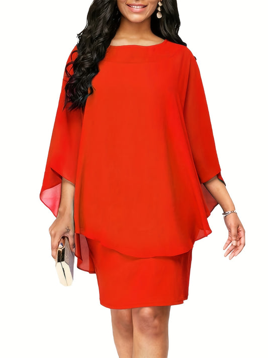 fachgo | Plus Size, Plus Size Women's Classic Solid Color Cover-Up Faux Two-Piece Blouse Chiffon Dress