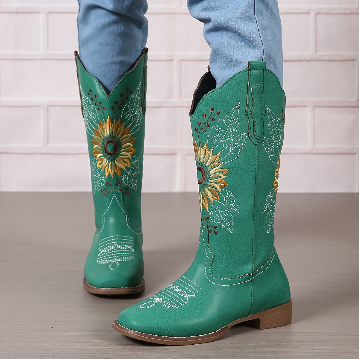 fachgo | [Mid Calf Embroidered Western Boots] Women's Embroidered Mid Calf Western Boots, Faux Leather Fashion Boots, Women's Footwear