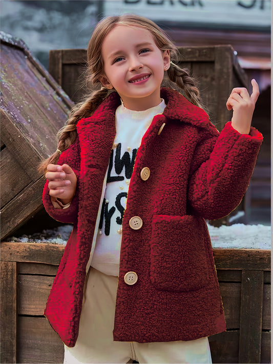 fachgo | [Lamb Fur Jacket] Girls' Lamb Fur Jacket | JOMAKE Korean-Style Lapel Collar, Two-Tone, Warm Windbreaker with Pockets, Lining, Button Closure, Long Sleeves for Winter