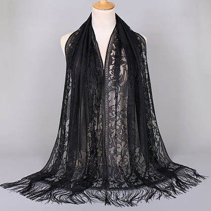 fachgo | [Floral Lace Scarf With Tassels] Ladies Women's Floral Lace Scarf Shawl With Tassels, Soft Mesh Fringe Wraps Bridal Shawl For Wedding Evening Party Dresses