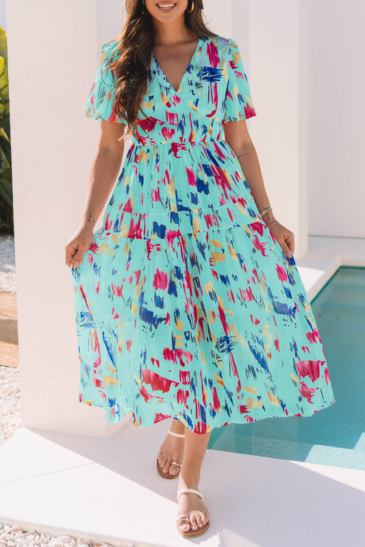 fachgo | Abstract Short Puff Sleeve Tiered Maxi Dress