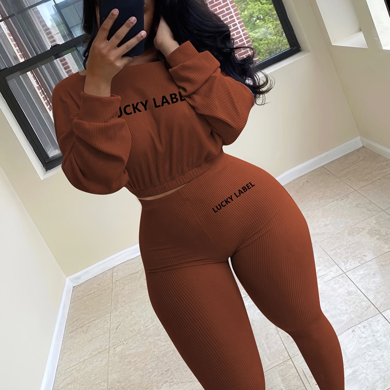 fachgo | [Women's Sweatshirt Set] Letter Embroidery Women's Two Piece Ribbed s Fall Spring Long Sleeve Sweatshirt and Skinny Pants Set