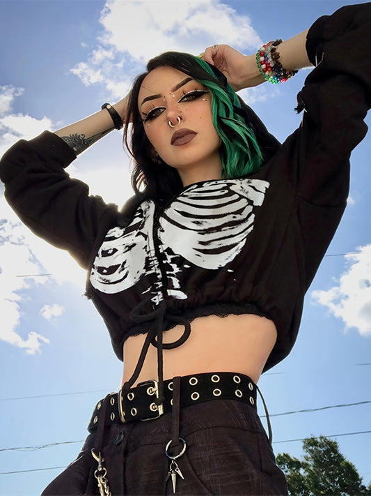 fachgo | Women's Fashion Gothic Skull Print Casual Drawstring Short Hoodie Long Sleeve Top