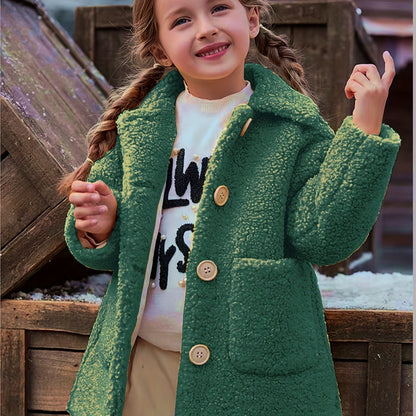 fachgo | [Lamb Fur Jacket] Girls' Lamb Fur Jacket | JOMAKE Korean-Style Lapel Collar, Two-Tone, Warm Windbreaker with Pockets, Lining, Button Closure, Long Sleeves for Winter