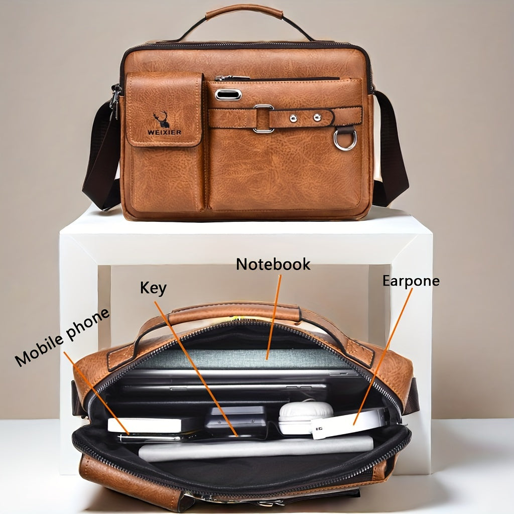 fachgo | WEIXIER Men's Business Crossbody Bag with Adjustable Strap, Golden-Tone Hardware & Multi-Compartment Design - Brown/Tan -like Texture, Golden-Tone Hardware, Compatible with iPhone/ Smartphones - Casual & Formal Office, Travel