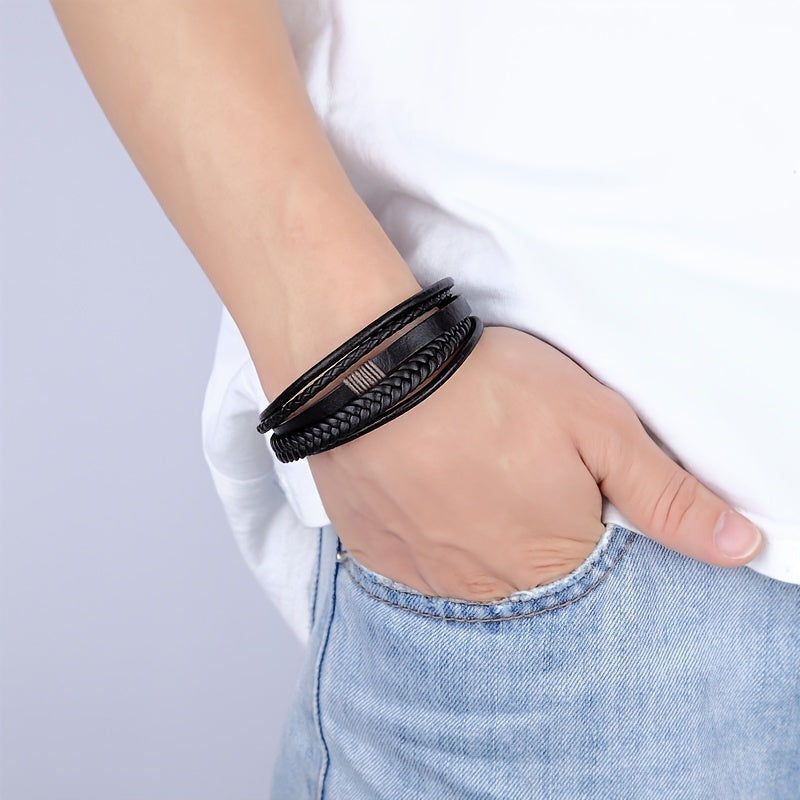 fachgo | 1pc Men's Hand-Woven Multi-Layer Leather Bracelet with Buckle Closure - Stylish Faux Leather Cuff, Durable & Versatile Accessory for Casual or Formal Wear