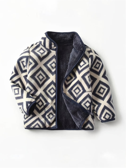 fachgo | New Boys Vintage Plaid Printed Casual Thickened Warm Stand Collar Zipper Jacket
