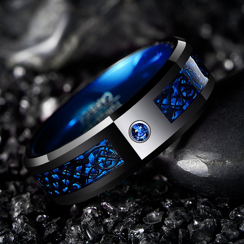 fachgo | 8Mm Wide Inlaid Black Dragon Pattern Blue Carbon Fiber Men'S Tungsten Ring USA Size 7-14, Without Battery