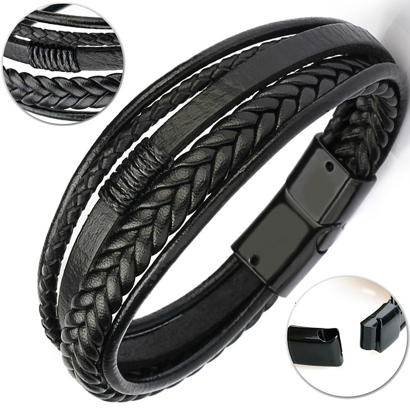 fachgo | 1pc Men's Hand-Woven Multi-Layer Leather Bracelet with Buckle Closure - Stylish Faux Leather Cuff, Durable & Versatile Accessory for Casual or Formal Wear
