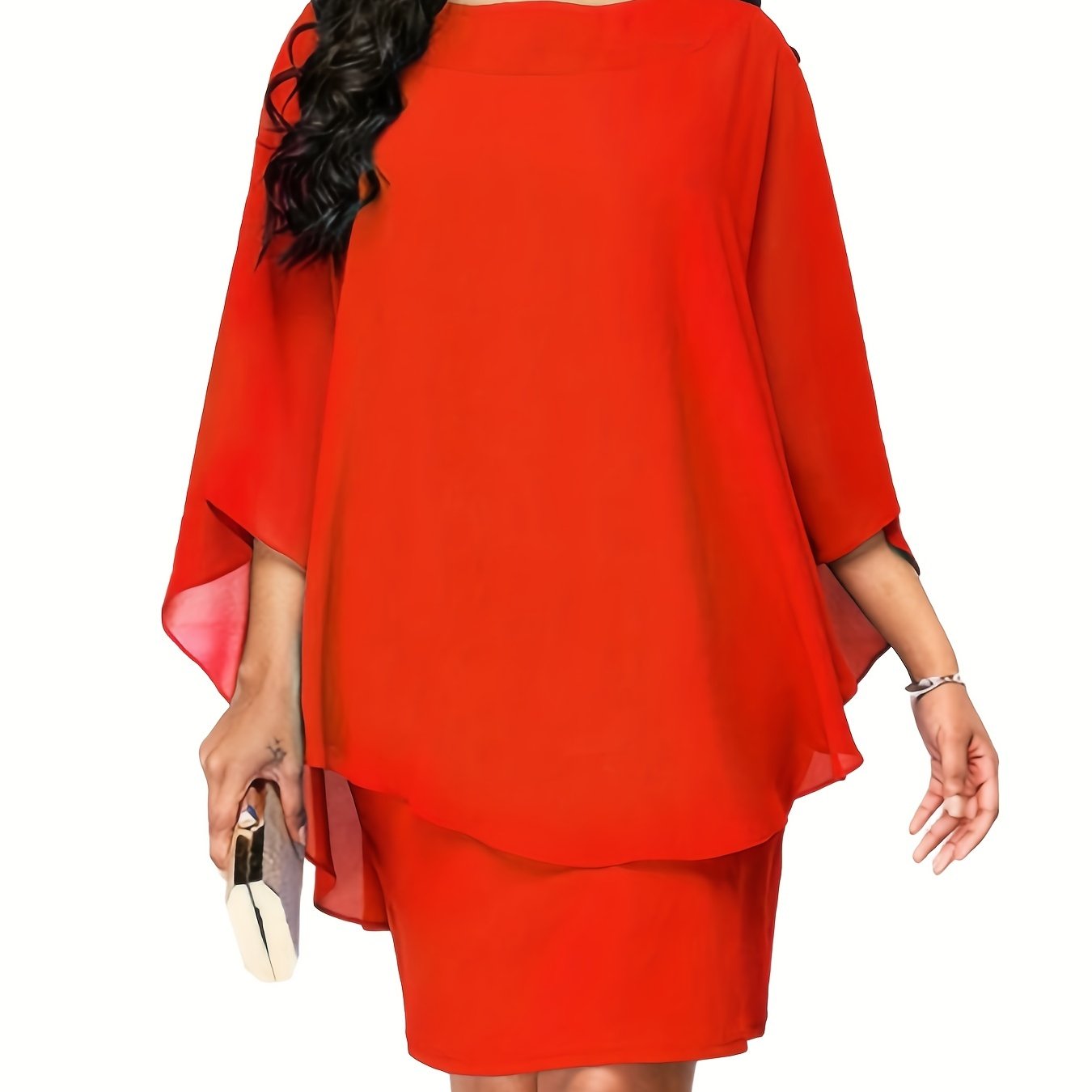 fachgo | Plus Size, Plus Size Women's Classic Solid Color Cover-Up Faux Two-Piece Blouse Chiffon Dress