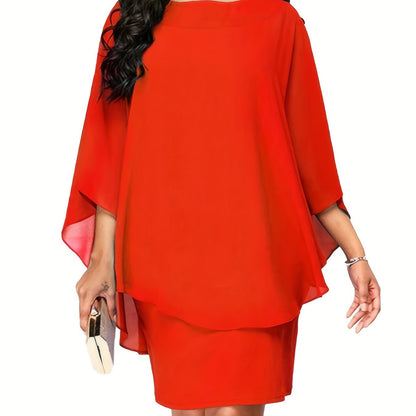 fachgo | Plus Size, Plus Size Women's Classic Solid Color Cover-Up Faux Two-Piece Blouse Chiffon Dress