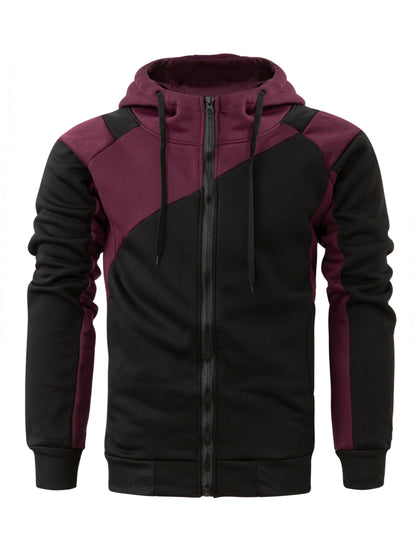 fachgo | Long Sleeves Men's Color Block Fleece Sweatshirt with Pockets, Zipper Hooded Drawstrings
