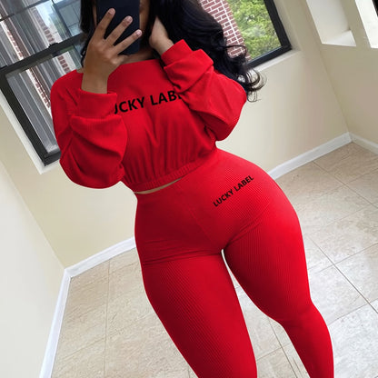 fachgo | [Women's Sweatshirt Set] Letter Embroidery Women's Two Piece Ribbed s Fall Spring Long Sleeve Sweatshirt and Skinny Pants Set