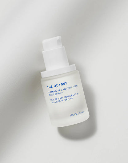 Firming Vegan Collagen Prep Serum in a clear bottle with a pump, promoting skin hydration and firmness.
