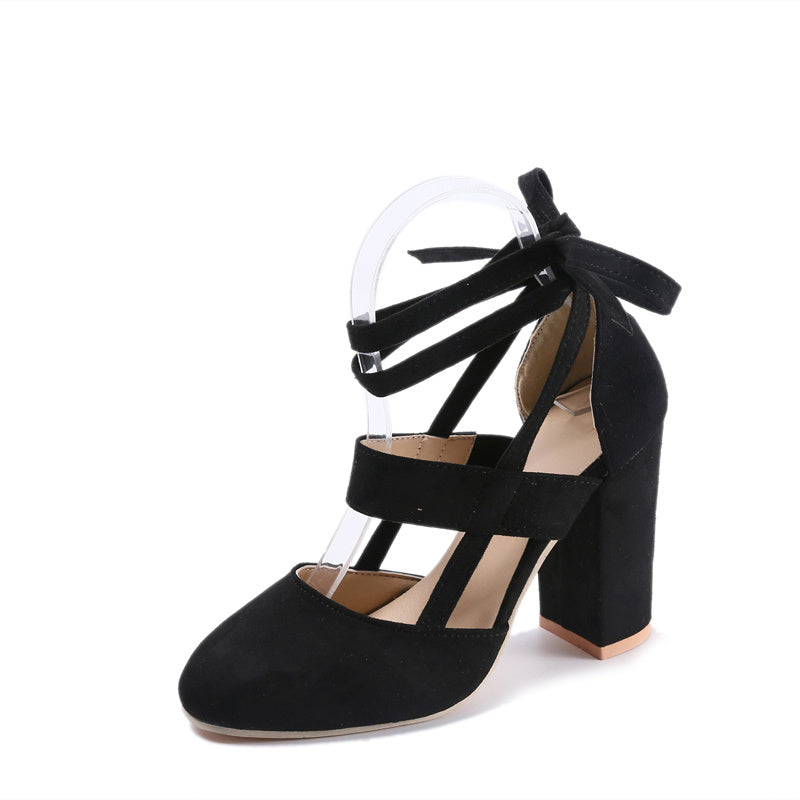 fachgo | [Elegant Sandals] Elegant High Heel Sandals | Women's - Solid Color Fabric Upper, Round Toe, Lace-Up Ankle Strap, Block Heel, Rubber Sole, Man-Made Insole & Inner Material