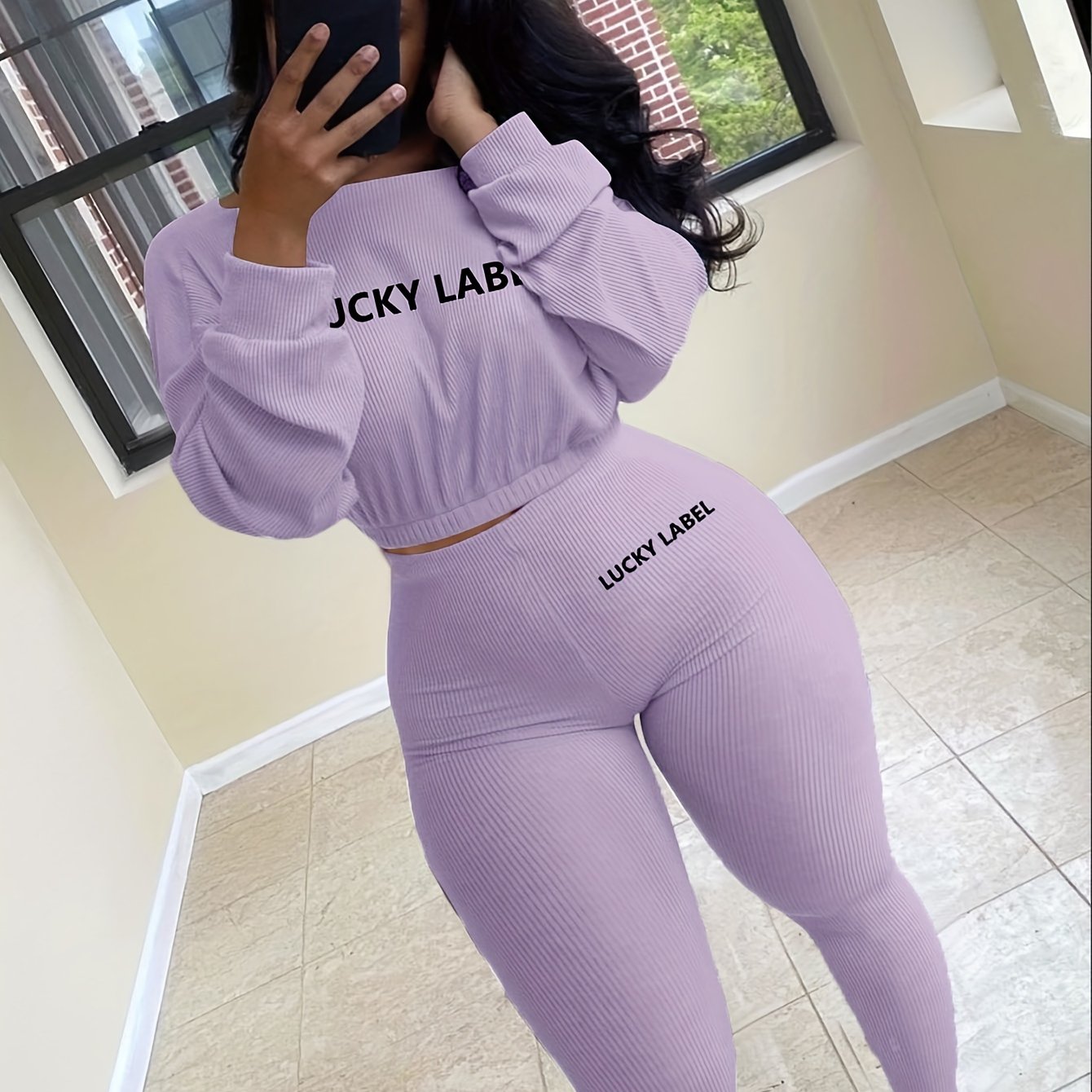 fachgo | [Women's Sweatshirt Set] Letter Embroidery Women's Two Piece Ribbed s Fall Spring Long Sleeve Sweatshirt and Skinny Pants Set