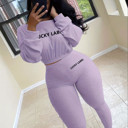 fachgo | [Women's Sweatshirt Set] Letter Embroidery Women's Two Piece Ribbed s Fall Spring Long Sleeve Sweatshirt and Skinny Pants Set