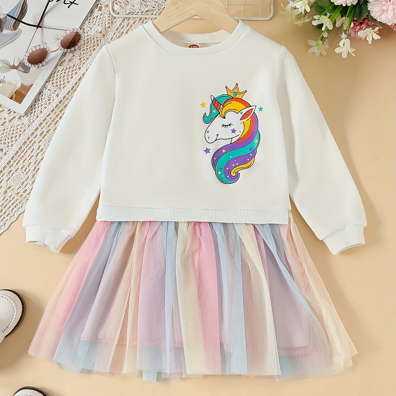 fachgo | Rainbow Tutu Hem Unicorn Print Long Sleeve Sweatshirt Dress - Magical Party & Vacation Outfit for Trendy Girls - Cozy Spring/Autumn Wear