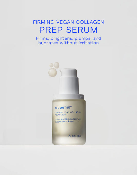 Firming Vegan Collagen Prep Serum bottle with pump, 4-in-1 formula for firming, brightening, plumping, and hydrating.