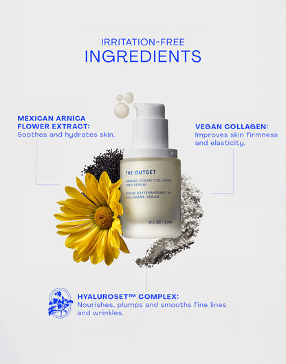 Firming Vegan Collagen Prep Serum with benefits of vegan collagen, arnica flower extract, and Hyaluroset complex.