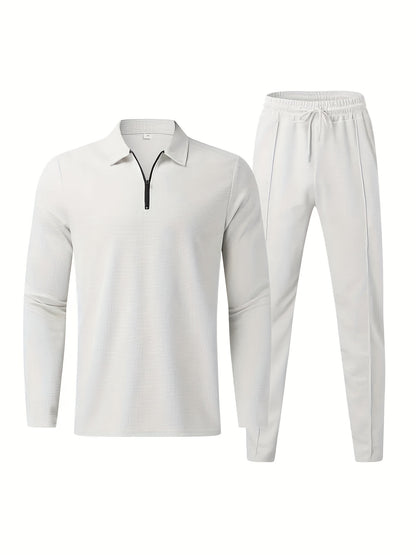 fachgo | 2Pcs Men's Waffle Pattern Outfits, Casual V Neck Long Sleeve Pullover Sweatshirt And Drawstring Sweatpants Joggers Set For Spring Fall