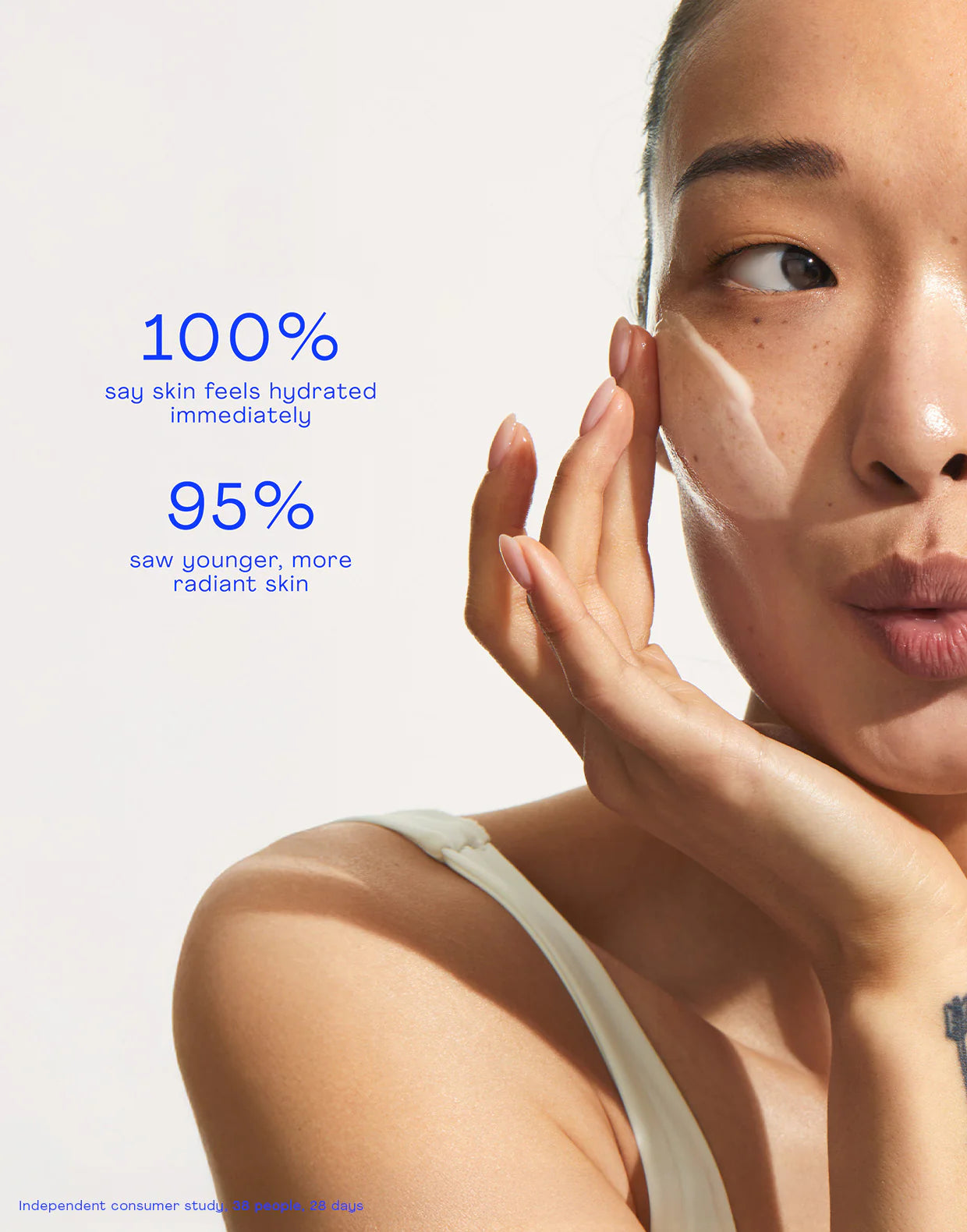 Firming Vegan Collagen Prep Serum user demonstrating hydrated skin with statistics about immediate hydration and radiance.