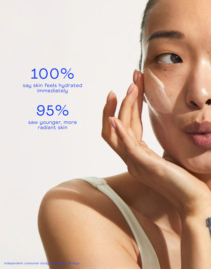 Firming Vegan Collagen Prep Serum user demonstrating hydrated skin with statistics about immediate hydration and radiance.