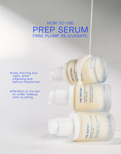Firming Vegan Collagen Prep Serum bottles with usage instructions for firm, plump, and rejuvenate skin.