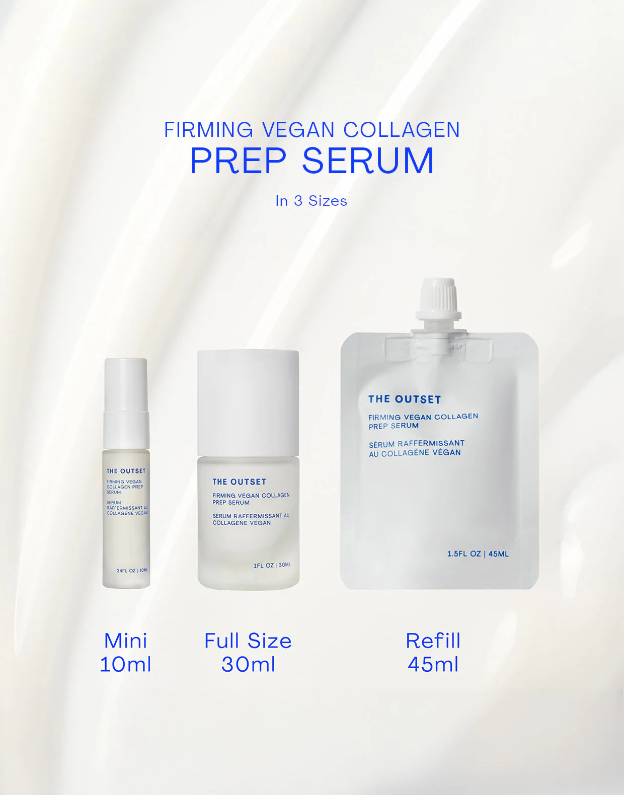 Image of Firming Vegan Collagen Prep Serum in three sizes: Mini, Full Size, and Refill.