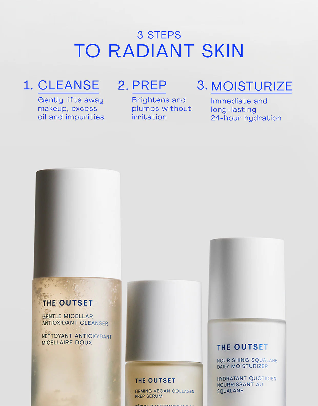 3 steps to radiant skin featuring Firming Vegan Collagen Prep Serum as the prep step for brightening and plumping.