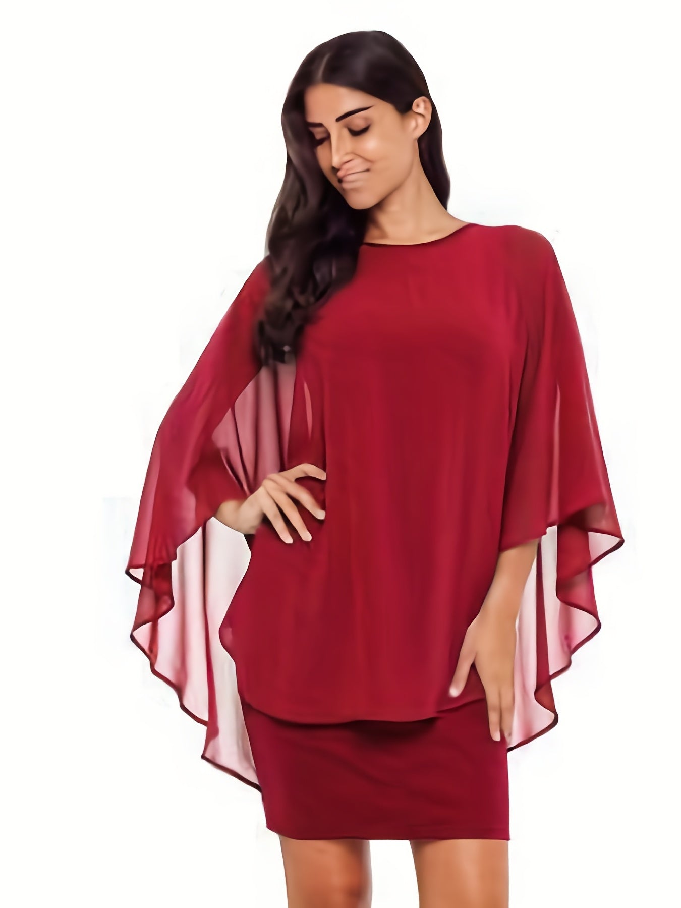 fachgo | Plus Size, Plus Size Women's Classic Solid Color Cover-Up Faux Two-Piece Blouse Chiffon Dress