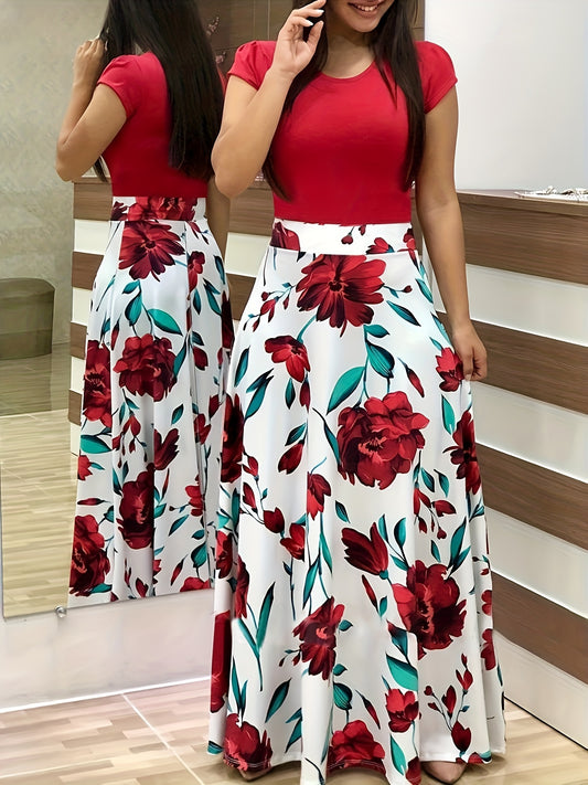 fachgo | Women'S Plus Size Floral Print Red Colorblock Midi Dress with Short Sleeves - Elegant Crew Neck, Medium Stretch Polyester Fabric, Perfect for All Seasons