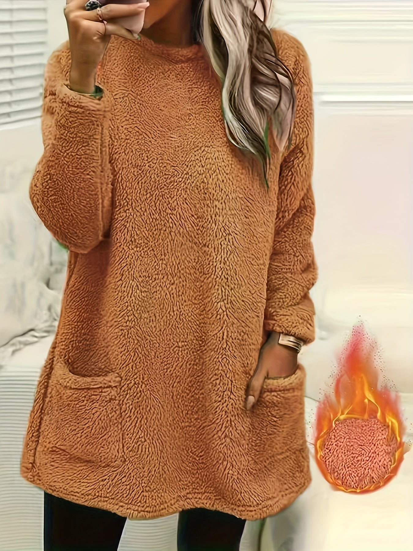 fachgo | [2025 New Plush Sweatshirt] New Autumn Winter Women's Plush Comfortable Casual Solid Color Pocket Round Neck Warm Long Sleeve Sweatshirt 2025