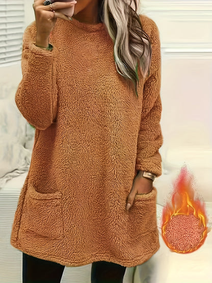 fachgo | [2025 New Plush Sweatshirt] New Autumn Winter Women's Plush Comfortable Casual Solid Color Pocket Round Neck Warm Long Sleeve Sweatshirt 2025