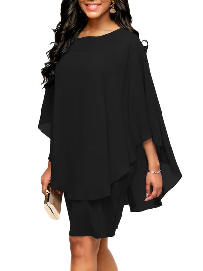 fachgo | Plus Size, Plus Size Women's Classic Solid Color Cover-Up Faux Two-Piece Blouse Chiffon Dress