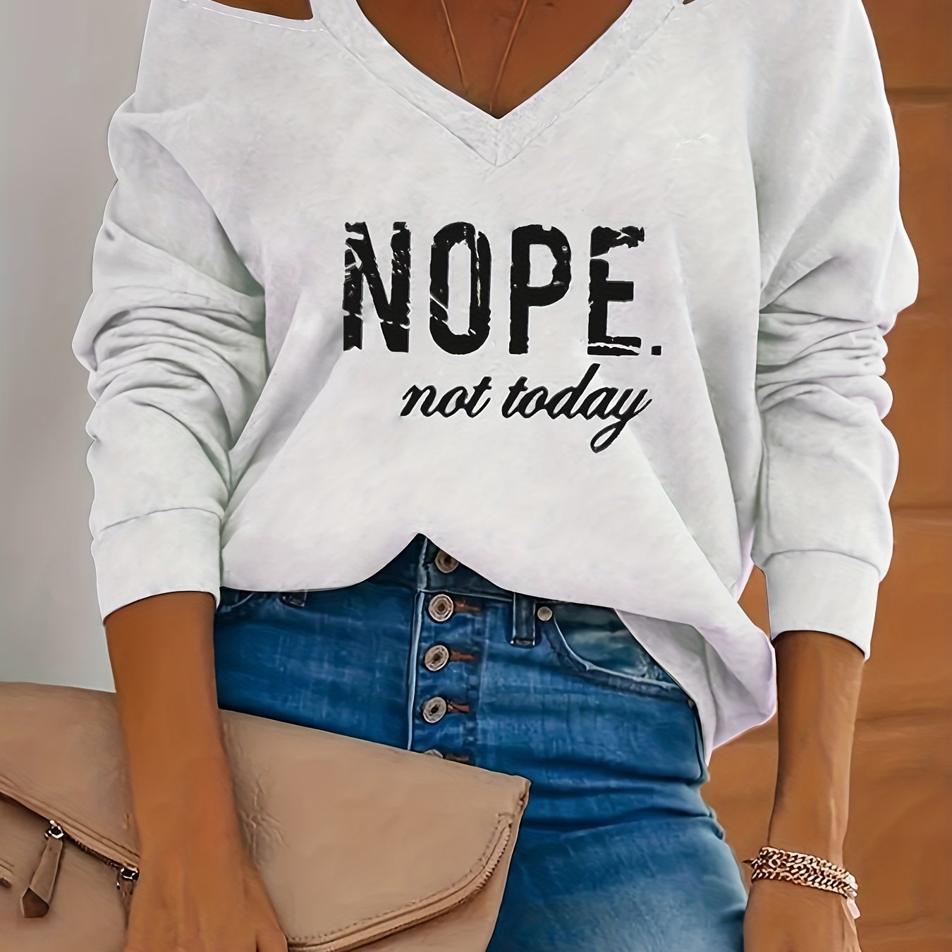 fachgo | Women's Retro Streetwear Off-Shoulder Sweatshirt - Semi-Sheer Casual Pullover with "NOPE Not Today" Print, Light Grey Spring/Fall Machine Washable Top, Spring Autumn Clothing | Textured Fabric