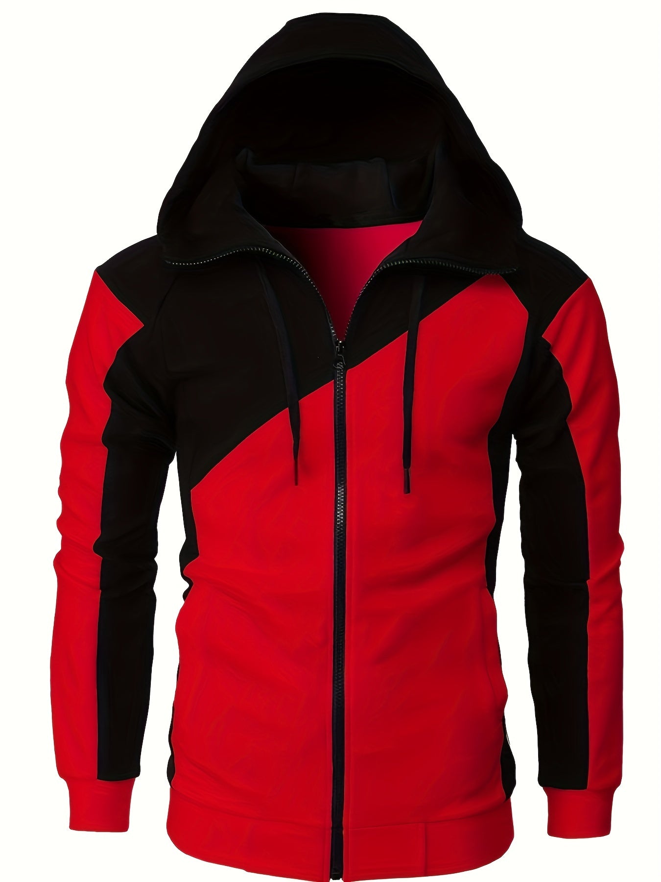 fachgo | Long Sleeves Men's Color Block Fleece Sweatshirt with Pockets, Zipper Hooded Drawstrings